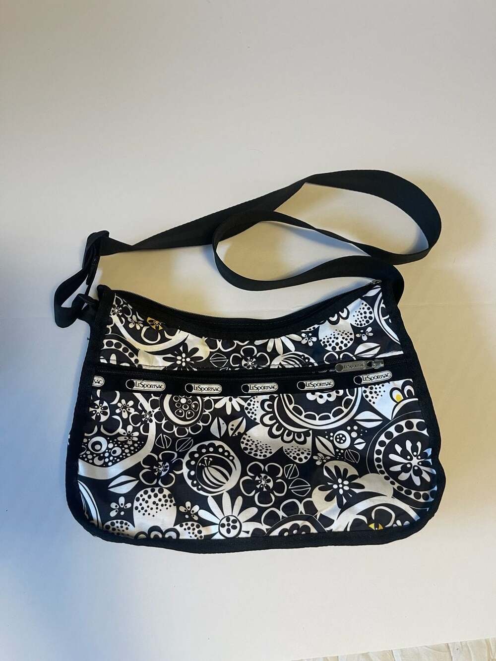 LeSportsac Classic Hobo Crossbody Bag Black White Floral Print